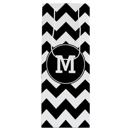 Monogrammed Black and White Zigzag Wijn Cadeautas (Voorkant)