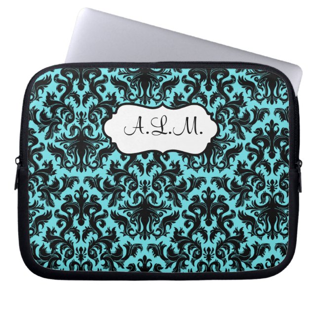 Monogrammed Black, Aqua Damask-laptophoes Laptop Sleeve (Voorkant)