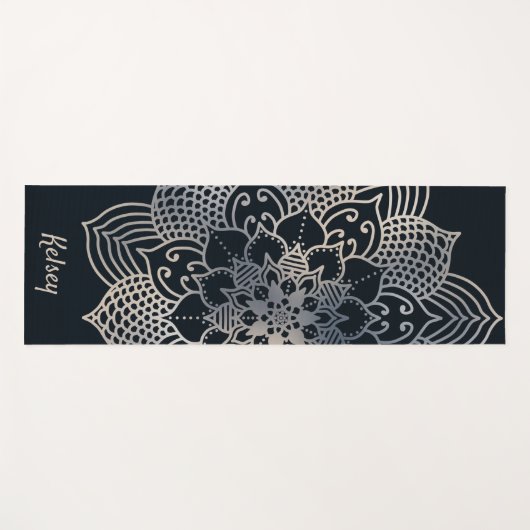 Monogrammed Black & Blue Mandala Pattern Yoga Mat (Voorkant (horizontaal))