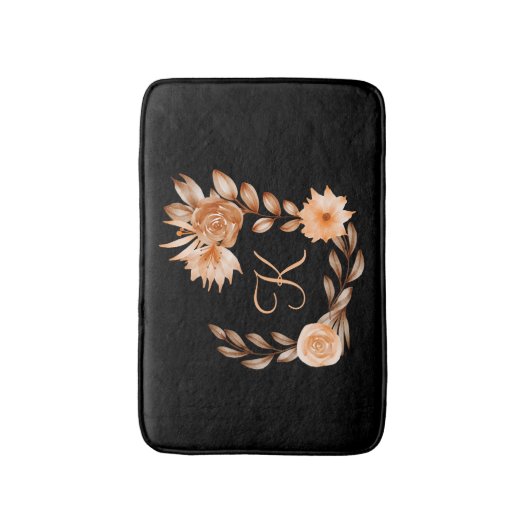 Monogrammed Black Brown and Peach Floral Badmat (Voorkant Verticaal)