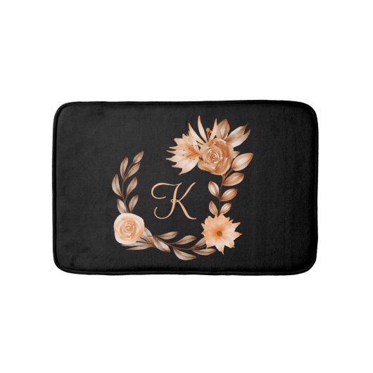 Monogrammed Black Brown and Peach Floral Badmat (Voorkant)