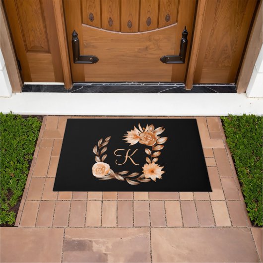 Monogrammed Black Brown and Peach Floral Deurmat (Buiten)