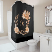 Monogrammed Black Brown and Peach Floral Douchegordijn (In situ)