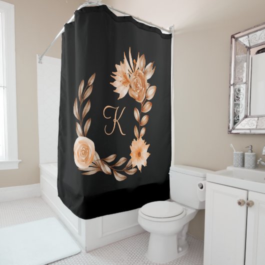 Monogrammed Black Brown and Peach Floral Douchegordijn (In situ)