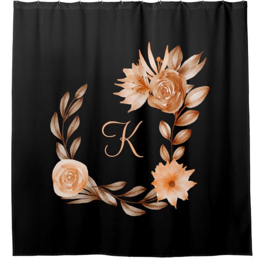 Monogrammed Black Brown and Peach Floral Douchegordijn (Voorkant)