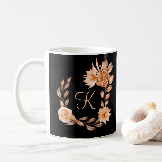 Monogrammed Black Brown and Peach Floral Koffiemok (Met donut)