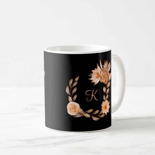 Monogrammed Black Brown and Peach Floral Koffiemok (Voorkant rechts)