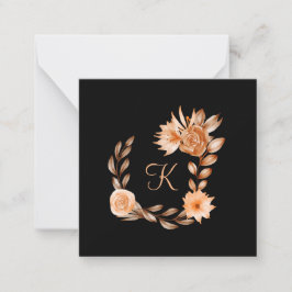 Monogrammed Black Brown and Peach Floral Notitiekaartje