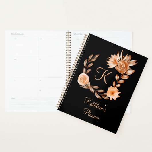 Monogrammed Black Brown and Peach Floral Planner (Display)