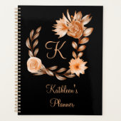 Monogrammed Black Brown and Peach Floral Planner (Voorkant)