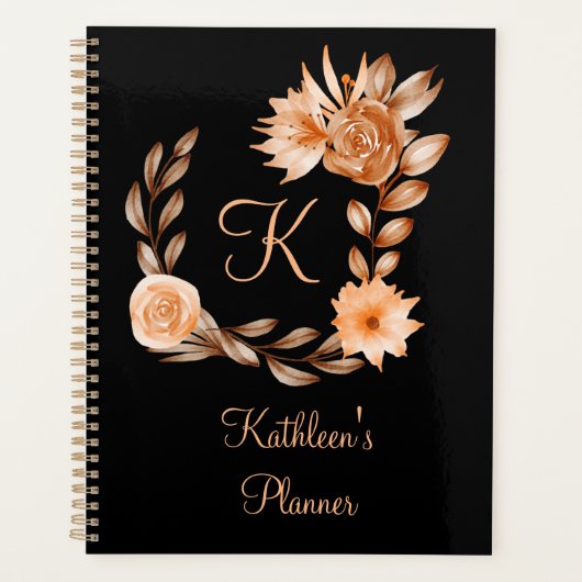 Monogrammed Black Brown and Peach Floral Planner (Voorkant)