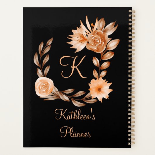 Monogrammed Black Brown and Peach Floral Planner (Achterkant)