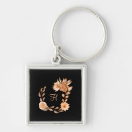 Monogrammed Black Brown and Peach Floral Sleutelhanger