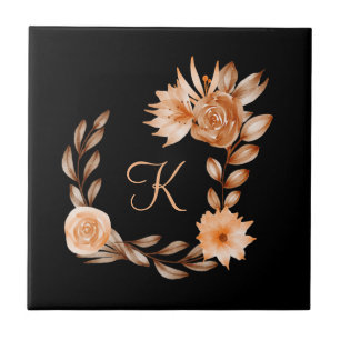 Monogrammed Black Brown and Peach Floral Tegeltje