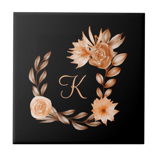 Monogrammed Black Brown and Peach Floral Tegeltje (Voorkant)