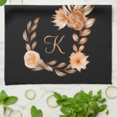 Monogrammed Black Brown and Peach Floral Theedoek (Gevouwen)