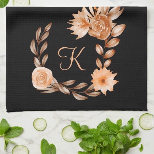 Monogrammed Black Brown and Peach Floral Theedoek (Gevouwen)