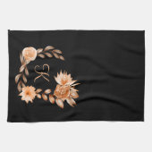 Monogrammed Black Brown and Peach Floral Theedoek (Horizontaal)