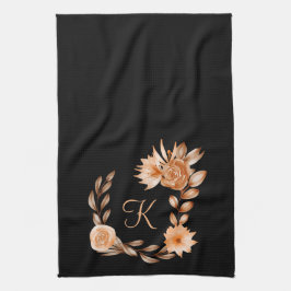 Monogrammed Black Brown and Peach Floral Theedoek