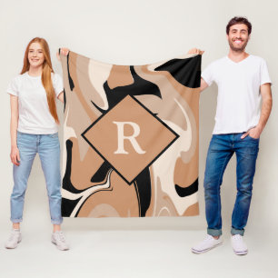 Monogrammed Black Brown Cream Marble Swirl Pattern Fleece Deken