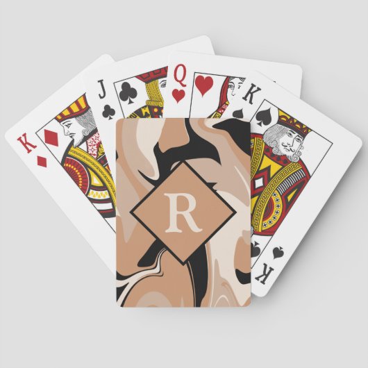 Monogrammed Black Brown Cream Marble Swirl Pattern Pokerkaarten (Achterkant)