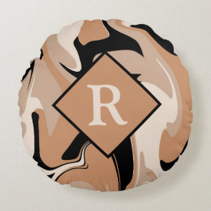 Monogrammed Black Brown Cream Marble Swirl Pattern Rond Kussen