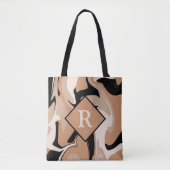 Monogrammed Black Brown Cream Marble Swirl Pattern Tote Bag (Voorkant)