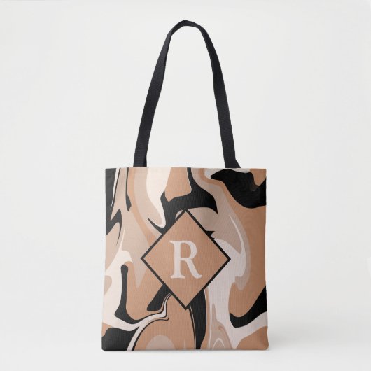 Monogrammed Black Brown Cream Marble Swirl Pattern Tote Bag (Voorkant)