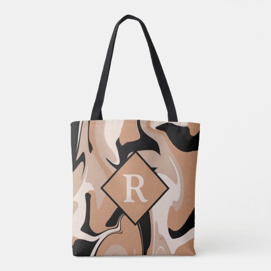 Monogrammed Black Brown Cream Marble Swirl Pattern Tote Bag (Achterkant)