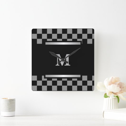 Monogrammed Black Checkered Vierkante Klok (Huis)