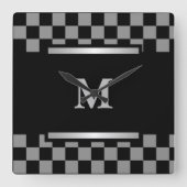 Monogrammed Black Checkered Vierkante Klok (Voorkant)
