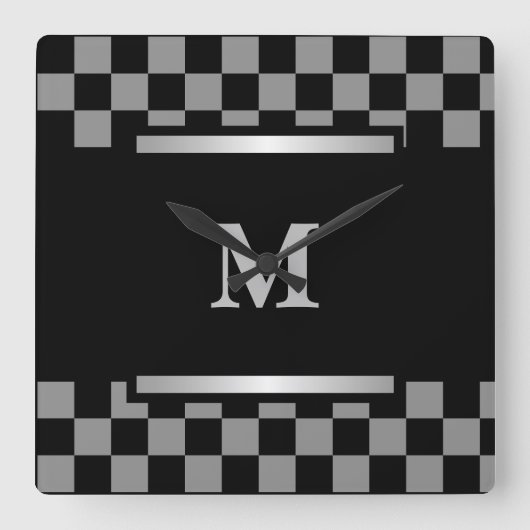 Monogrammed Black Checkered Vierkante Klok (Voorkant)
