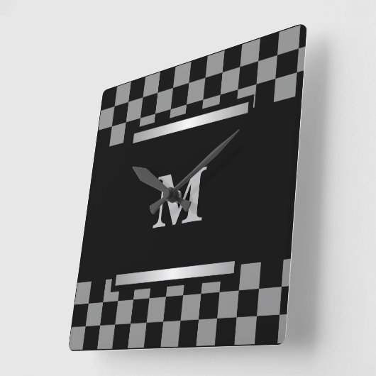 Monogrammed Black Checkered Vierkante Klok (Hoek)