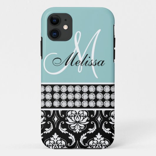 Monogrammed Black Damask Printed Diamonds Blue Case-Mate iPhone Case (Achterkant)