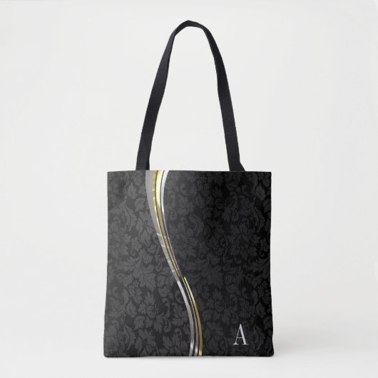 Monogrammed Black Damast Wave Stripes Tote Bag (Voorkant)
