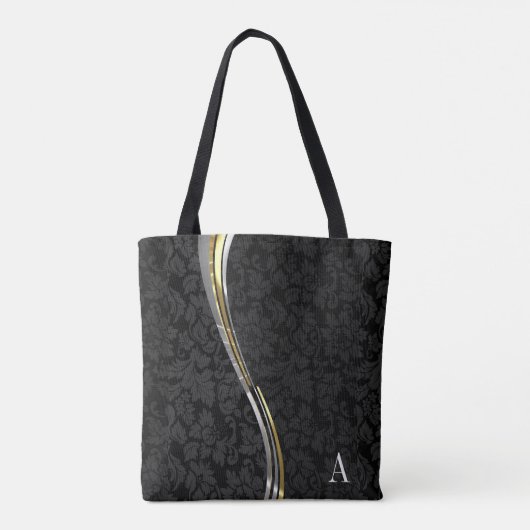 Monogrammed Black Damast Wave Stripes Tote Bag (Achterkant)