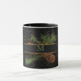Monogrammed Black en Pine Cone Woodland Theme Mok
