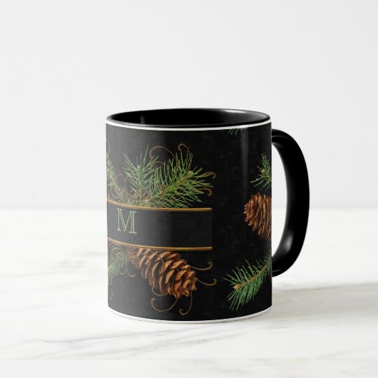 Monogrammed Black en Pine Cone Woodland Theme Mok (Voorkant rechts)