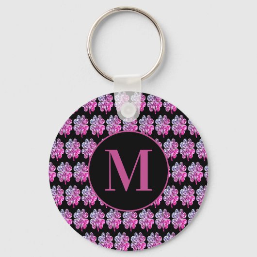 Monogrammed Black en Roze Four Leaf Clovers Sleutelhanger (Voorkant)