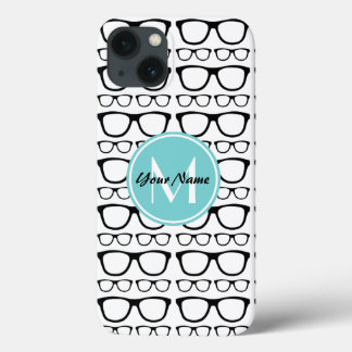 Monogrammed Black Glasses Aqua Persoonlijke naam Case-Mate iPhone Case