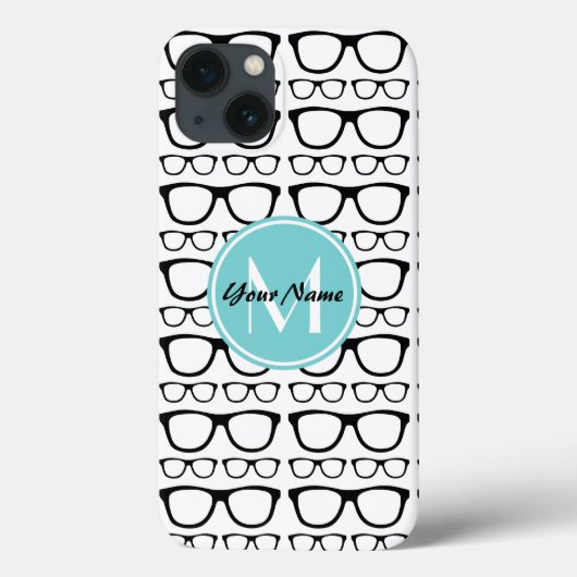 Monogrammed Black Glasses Aqua Persoonlijke naam Case-Mate iPhone Case (Achterkant)