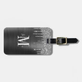 Monogrammed Black Glitter Drip Brushed Metal Bagagelabel (Voorkant horizontaal)