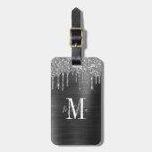 Monogrammed Black Glitter Drip Brushed Metal Bagagelabel (Voorkant verticaal)