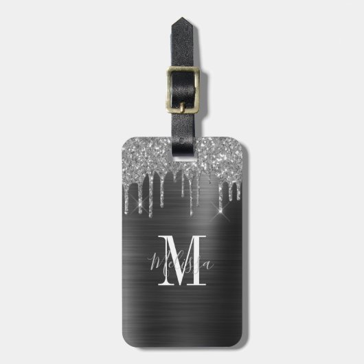 Monogrammed Black Glitter Drip Brushed Metal Bagagelabel (Voorkant verticaal)