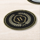 Monogrammed Black & Gold Glitter Wreath Crest Ronde Kartonnen Onderzetter (Gebogen)