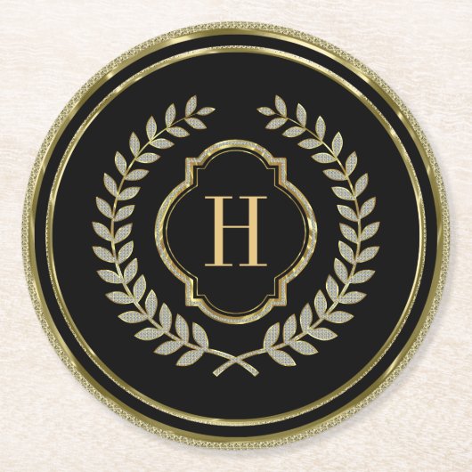 Monogrammed Black & Gold Glitter Wreath Crest Ronde Kartonnen Onderzetter (Voorkant)
