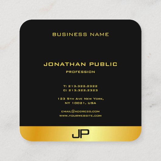 Monogrammed Black Gold Modern Elegant Sjabloon Vierkante Visitekaartje (Achterkant)