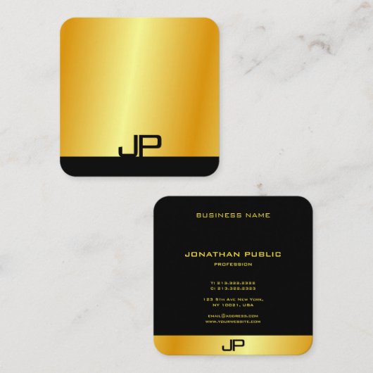 Monogrammed Black Gold Modern Elegant Sjabloon Vierkante Visitekaartje (Voorkant / Achterkant)
