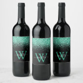 Monogrammed Black Mint Glitter Script Wijn Etiket (Flessen)