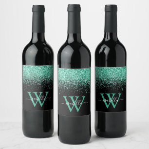 Monogrammed Black Mint Glitter Script Wijn Etiket